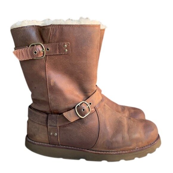 UGG Australia Noira Women’s 8 Chestnut Leather Calf Boots Pull On Shoes - Picture 1 of 16